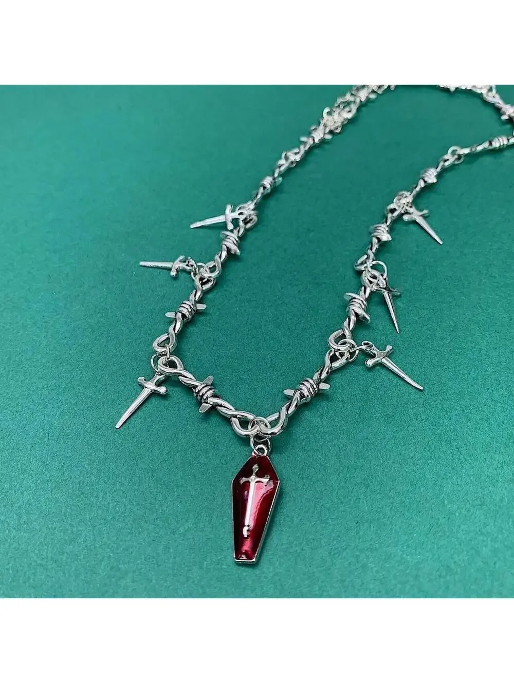 Y2k 2000s punk barbed wire knife cross red coffin pendant emo grunge style